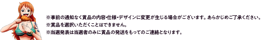 ※事前の通知なく賞品の内容・仕様・デザインに変更が生じる場合がございます。あらかじめご了承ください ※賞品を選択いただくことはできません。 ※選発表は当選者のみに賞品の発送をもってのご連絡となります。